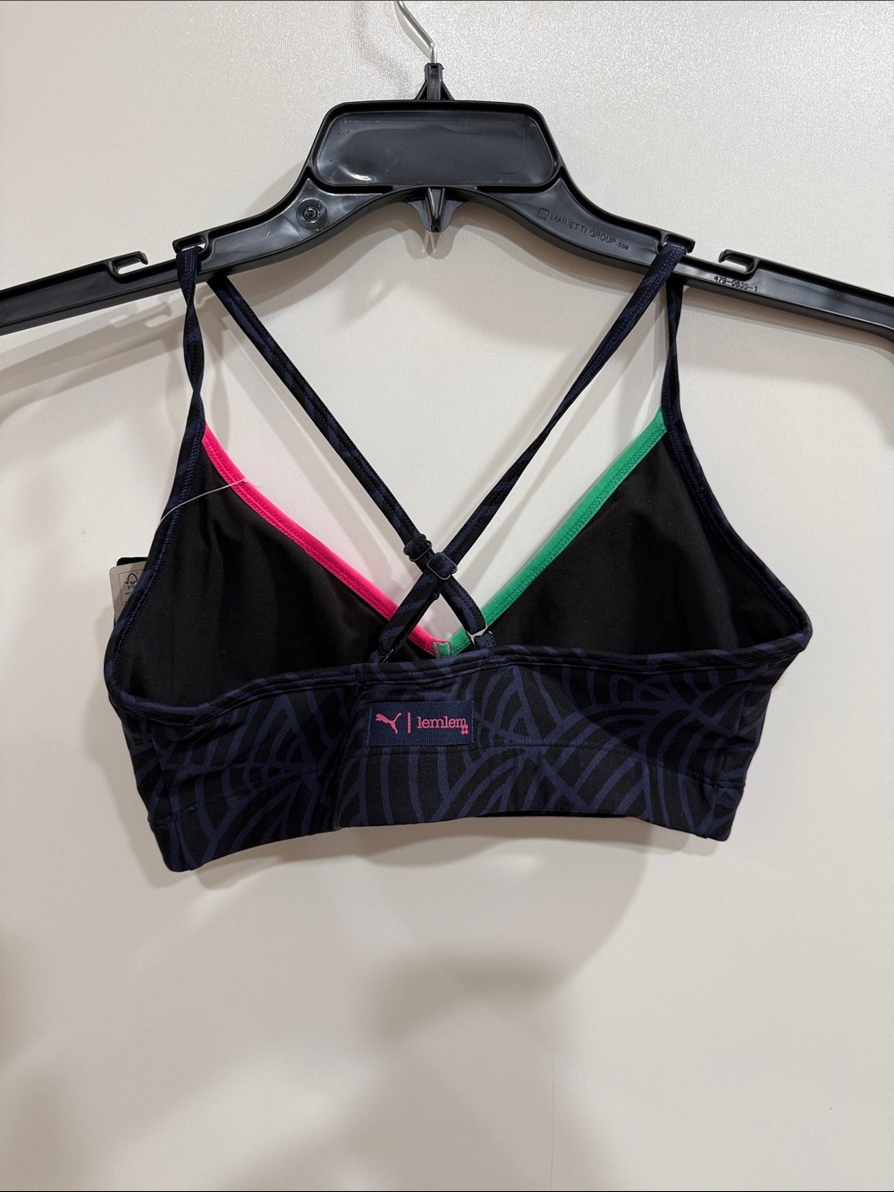 Puma Black Patterned Strappy Sports Bra with Pink & Green Trim - Picture 3 of 3